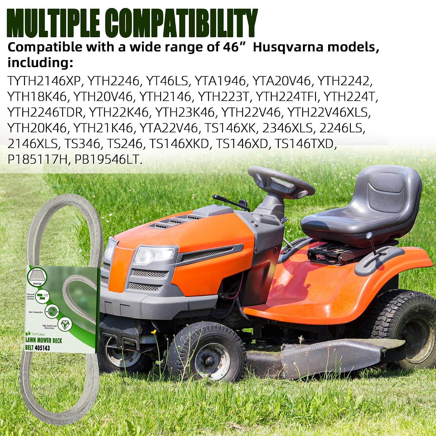 TonGass 46" Lawn Mower Deck Belt Compatible with Husqvarna Lawn Mower Replaces Part Number 405143 532405143, Heavy-Duty Replacement Deck Drive Belt for YTH22V46 YTH20K46 YTH21K46 YTA22V46