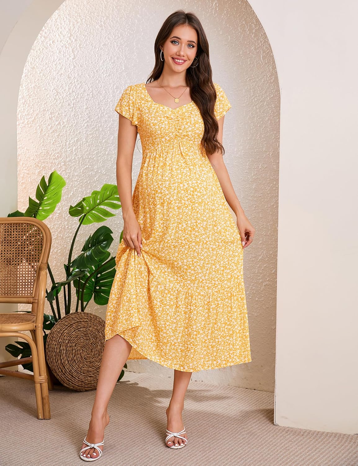Maternity Dress Summer Short Sleeve Sweetheart Neckline Floral Midi Dress Baby Shower Photoshoot