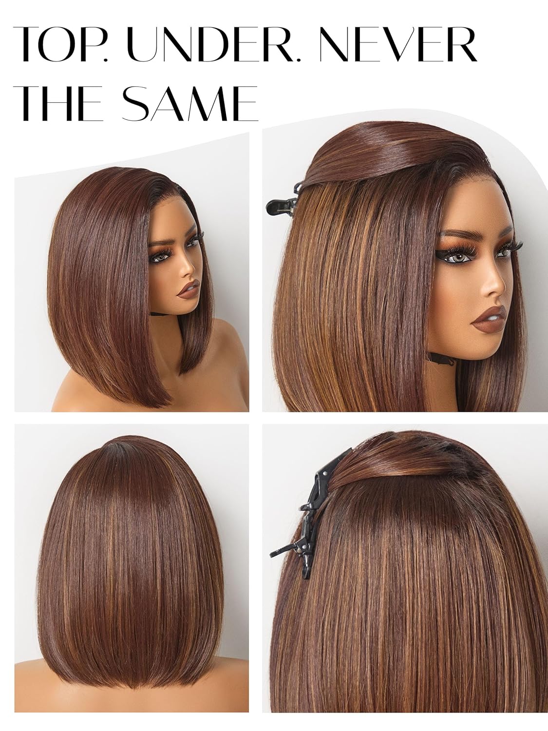 GORGIUS Chestnut Brown Caramel Highlights Bob Lace Front Wig Glueless Straight Short Wigs Upgrade with Human-Hair-Like Sythetic Hair Pre Cut Pre Plucked Side Part Hairline 12 Inch