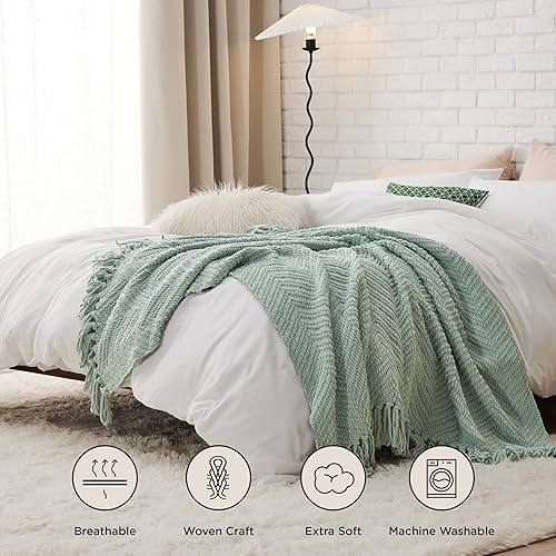 Miniatura 2 de Bedsure Manta verde salvia para sofá, manta de felpilla tejida versátil para silla, súper suave, cálida y decorativa con borlas para cama, sofá y