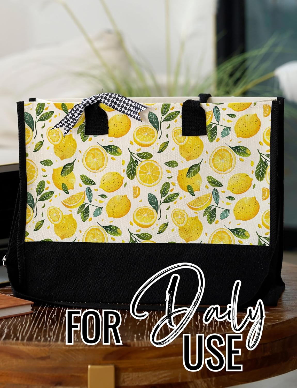InnoBeta Lemon Gifts for Women Canvas Tote Bag with Makeup Pouch - Yellow Fruit Print Zipper Shoulder Bag for Travel Work Beach