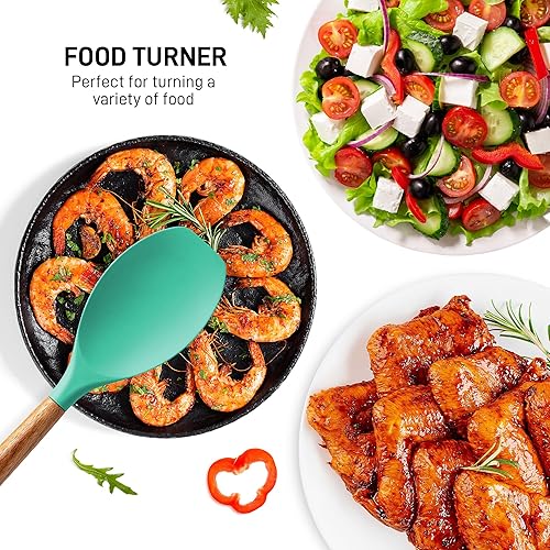 Miniatura 6 de Zulay Kitchen Juego de utensilios de cocina de silicona antiadherente con auténticas asas de madera de acacia, juego de utensilios de silicona de 5