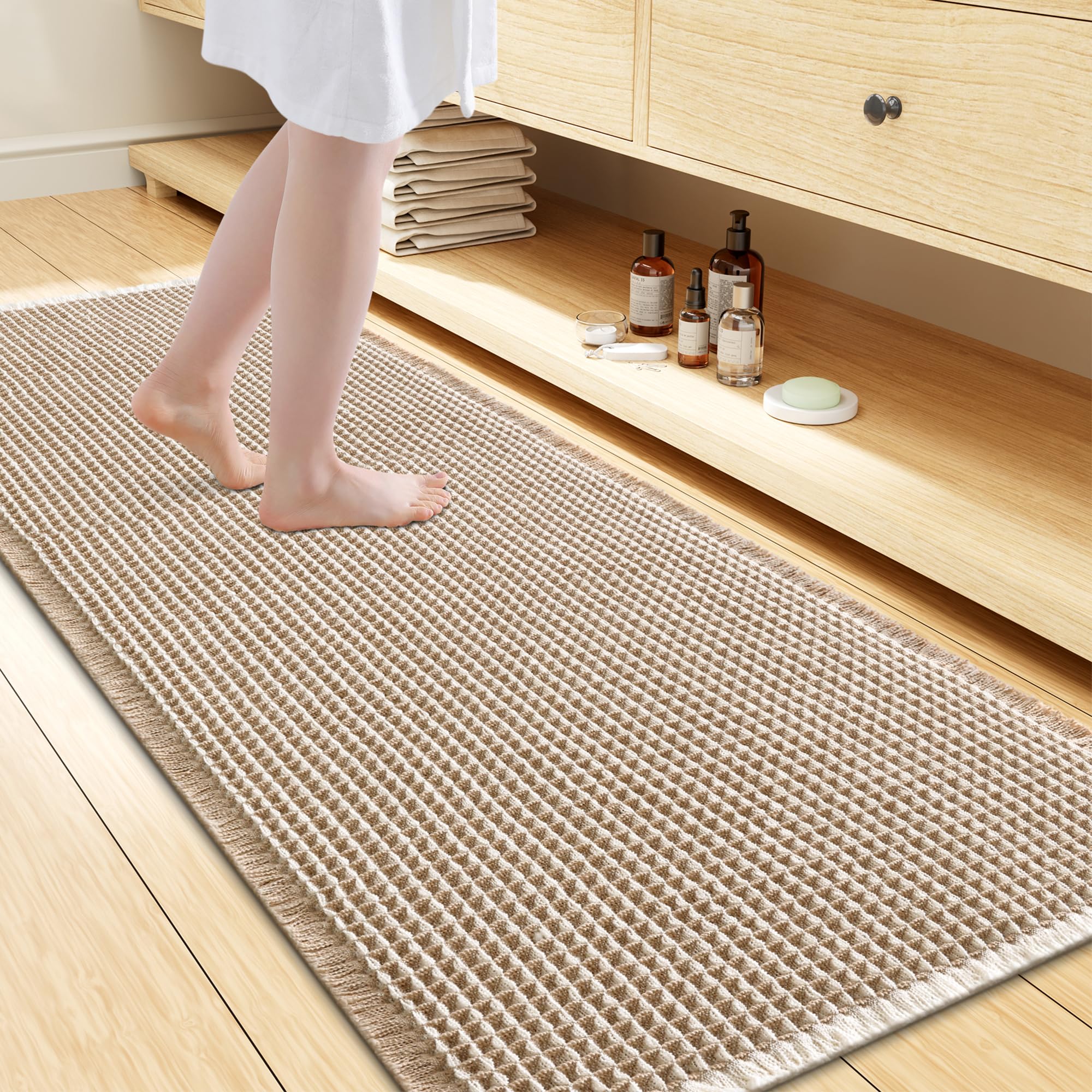 Photo 1 of Smiry Waffle Bath Mat 47" X 24", Brown & Cream