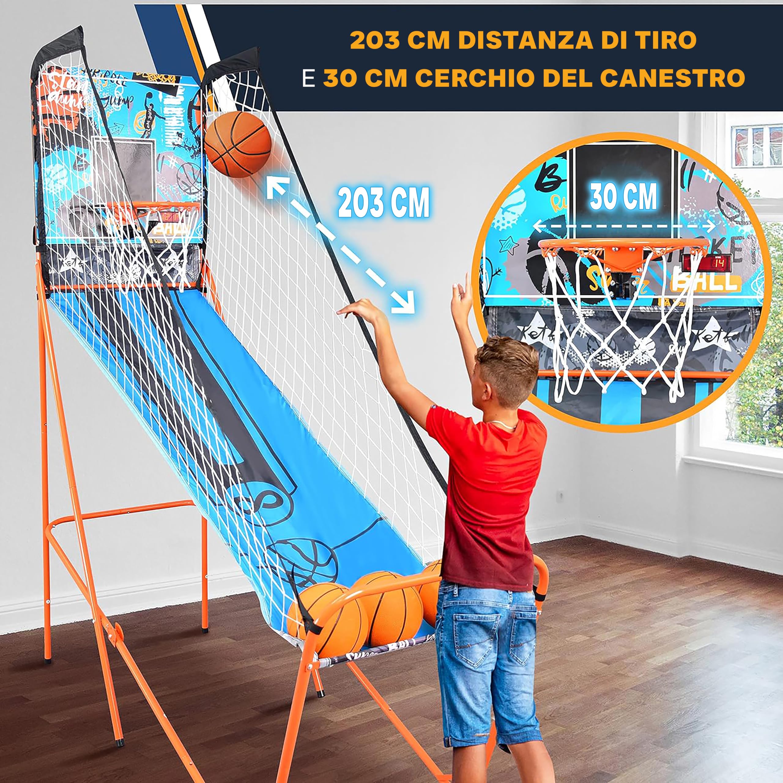 SereneLife Canestro Basket Esterno e Interno, Canestro da Basket Singolo Tiro con Opzione Audio, Grande Segnapunti LED, Blu