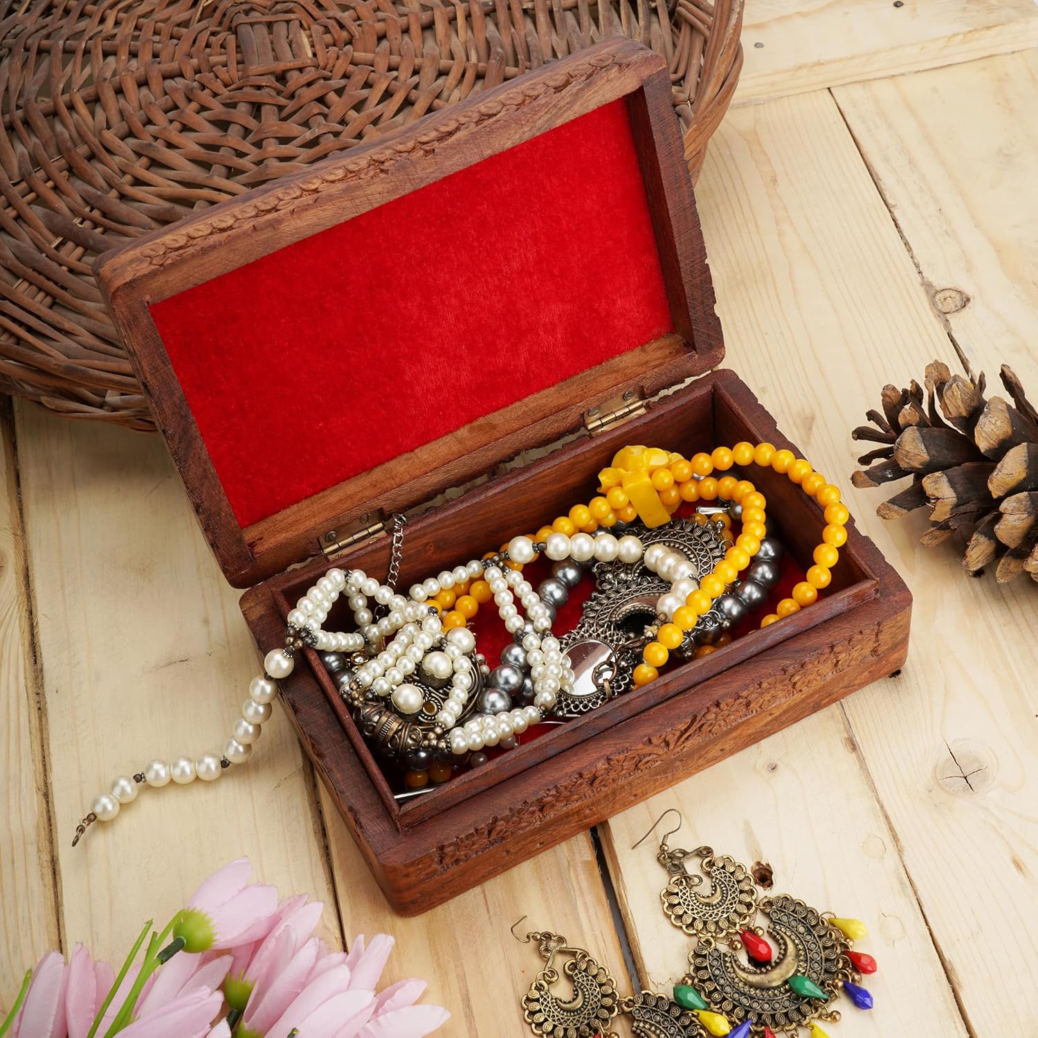 Ajuny Handcrafted Wooden Jewelry Box for Men & Women - Floral Decorative Keepsake Treasure Chest, Multipurpose Storage Box, Ideal Gift 8x5 Inch - Image 3