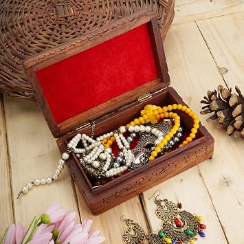 Ajuny Handcrafted Wooden Jewelry Box for Men & Women - Floral Decorative Keepsake Treasure Chest, Multipurpose Storage Box, Ideal Gift 8x5 Inch