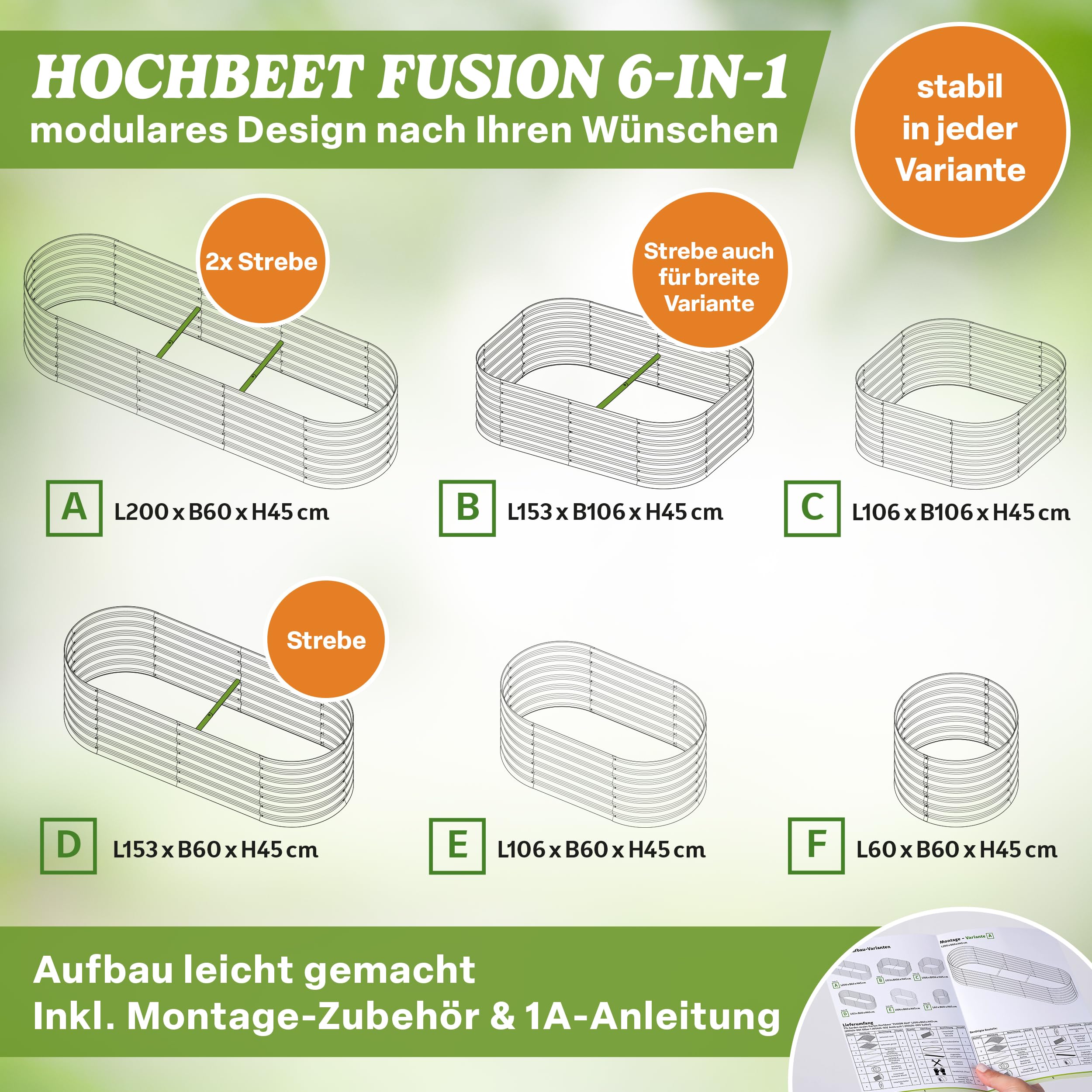 TTL GARDEN 200x60x45cm Metall Hochbeet Fusion 6-in-1 Salbei Grün - Stahl | - Rostfrei verzinkt & lackiert 45cm hoch 60cm breit Wellblech Form oval stabil Garten Beet Gemüse Kräuter Blumen Gartenbeet