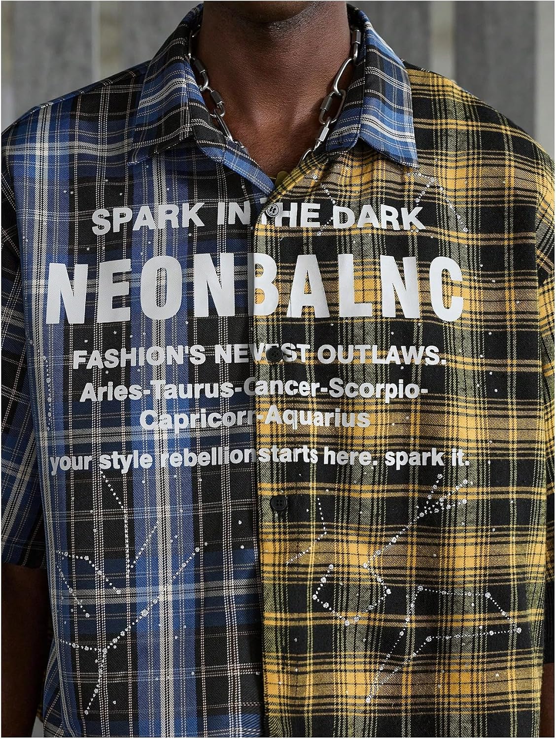 VIPWOLF Men's Plaid Cropped Shirts Y2K Sparkly Button Down Oversized Music Festival Streetwear Boxy Shirt