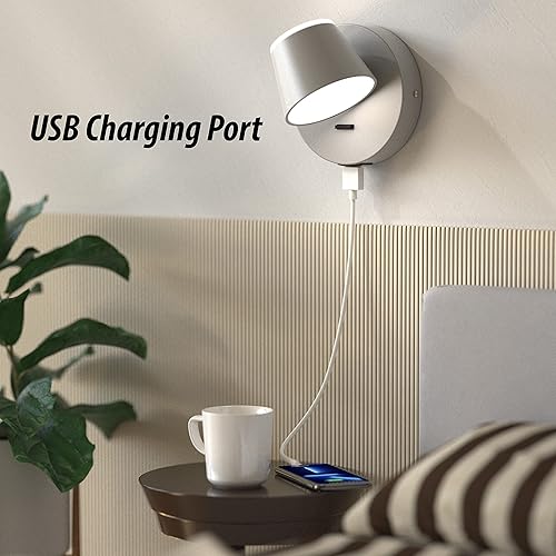 Miniatura 5 de URSOLA Juego de dos lámparas de pared, apliques de pared LED con interruptor de encendidoapagado, puerto de carga USB, 110 voltios, lámpara de pared