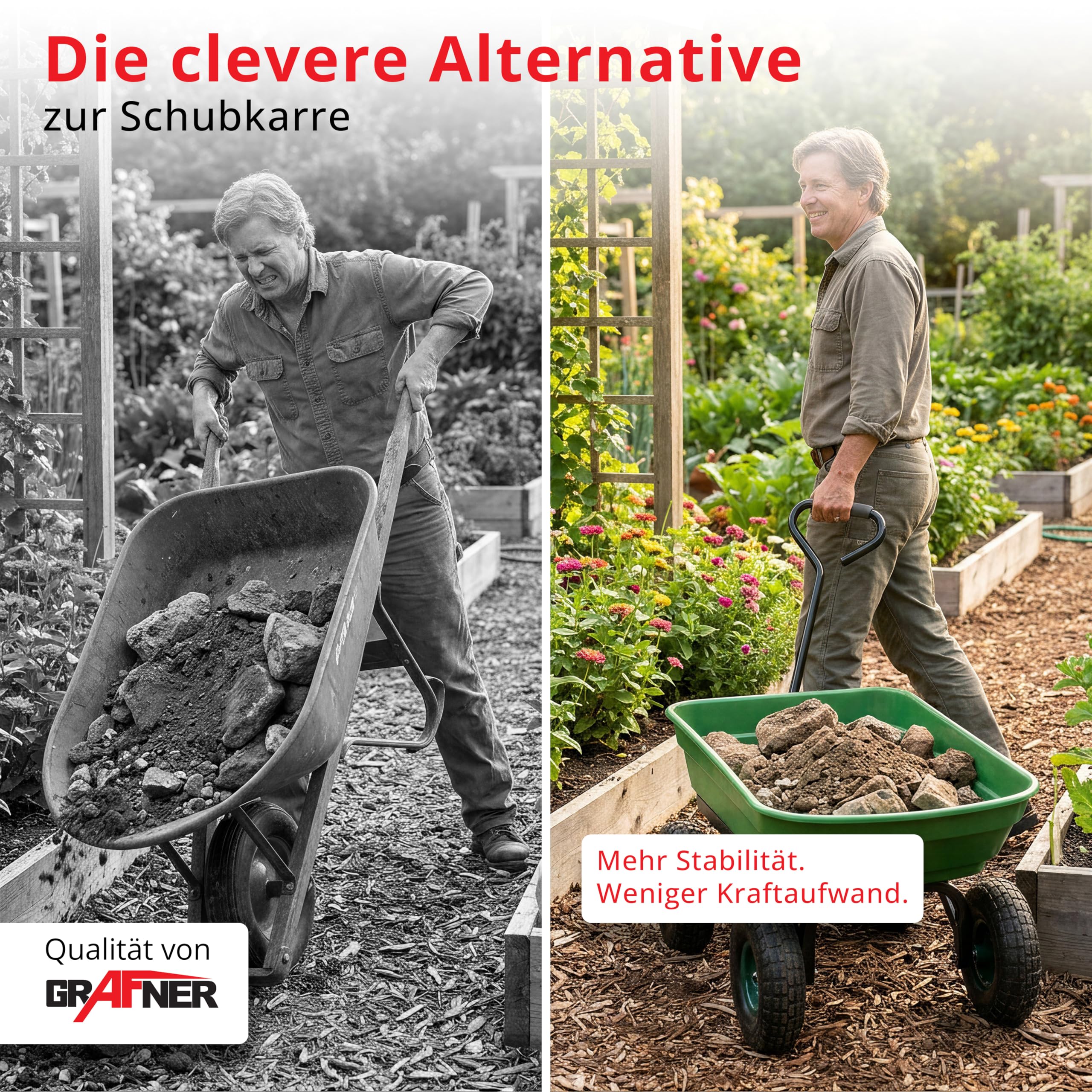 Grafner Gartenwagen mit Kippfunktion, belastbar bis 300 kg, 75 Liter Kunststoffwanne und Lenkachse, Luftbereifung, Transportwagen Gartenkarre Dumper Handwagen Schubkarre Bollerwagen