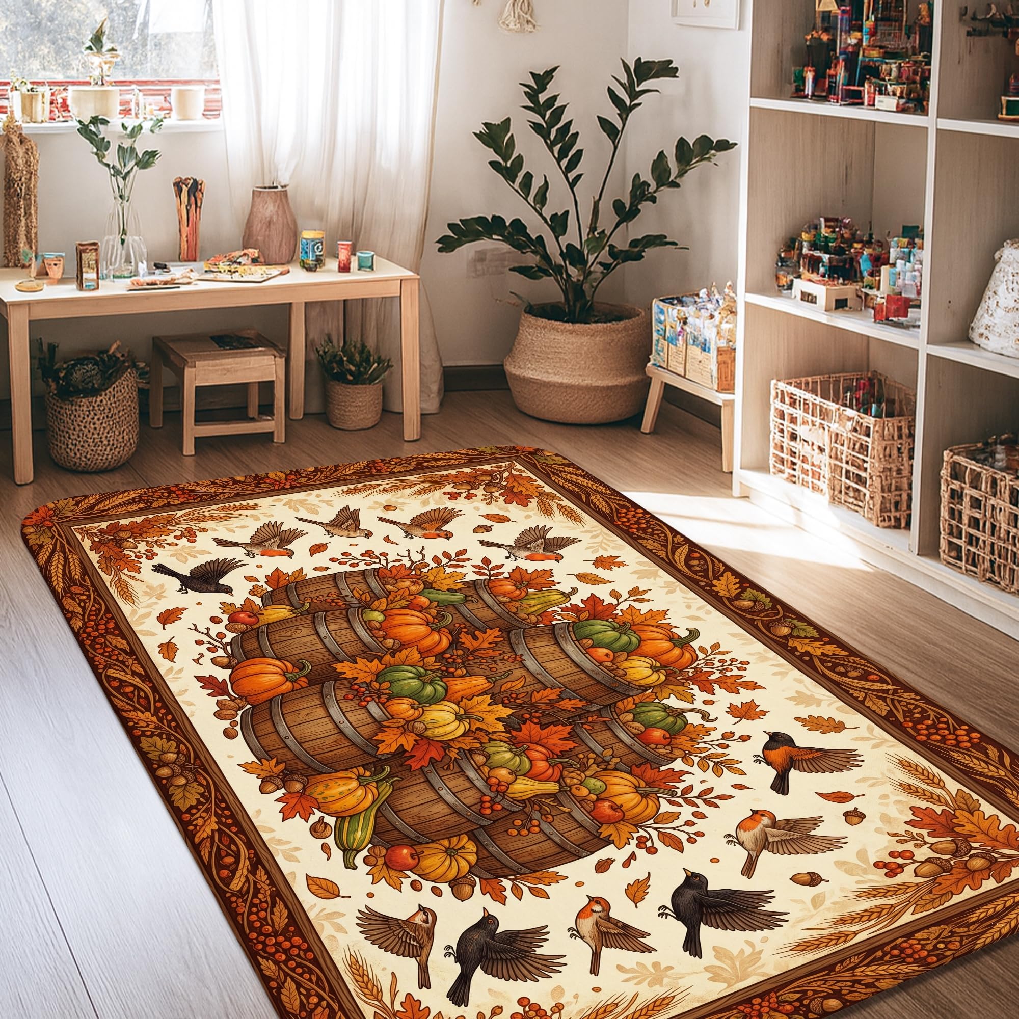 Alfombra de calabazas rústica y rectangular en color naranja otoñal para el suelo de casa