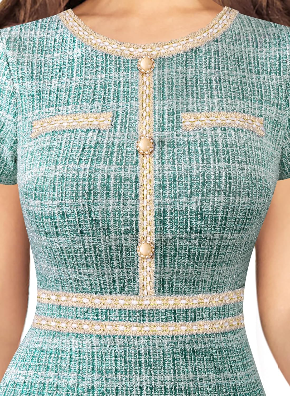 VFSHOW Womens Crew Neck Button Business Work Office Bodycon Dress Short Sleeve Patchwork Tweed Trim Party Pencil Sheath Dress - Image 3