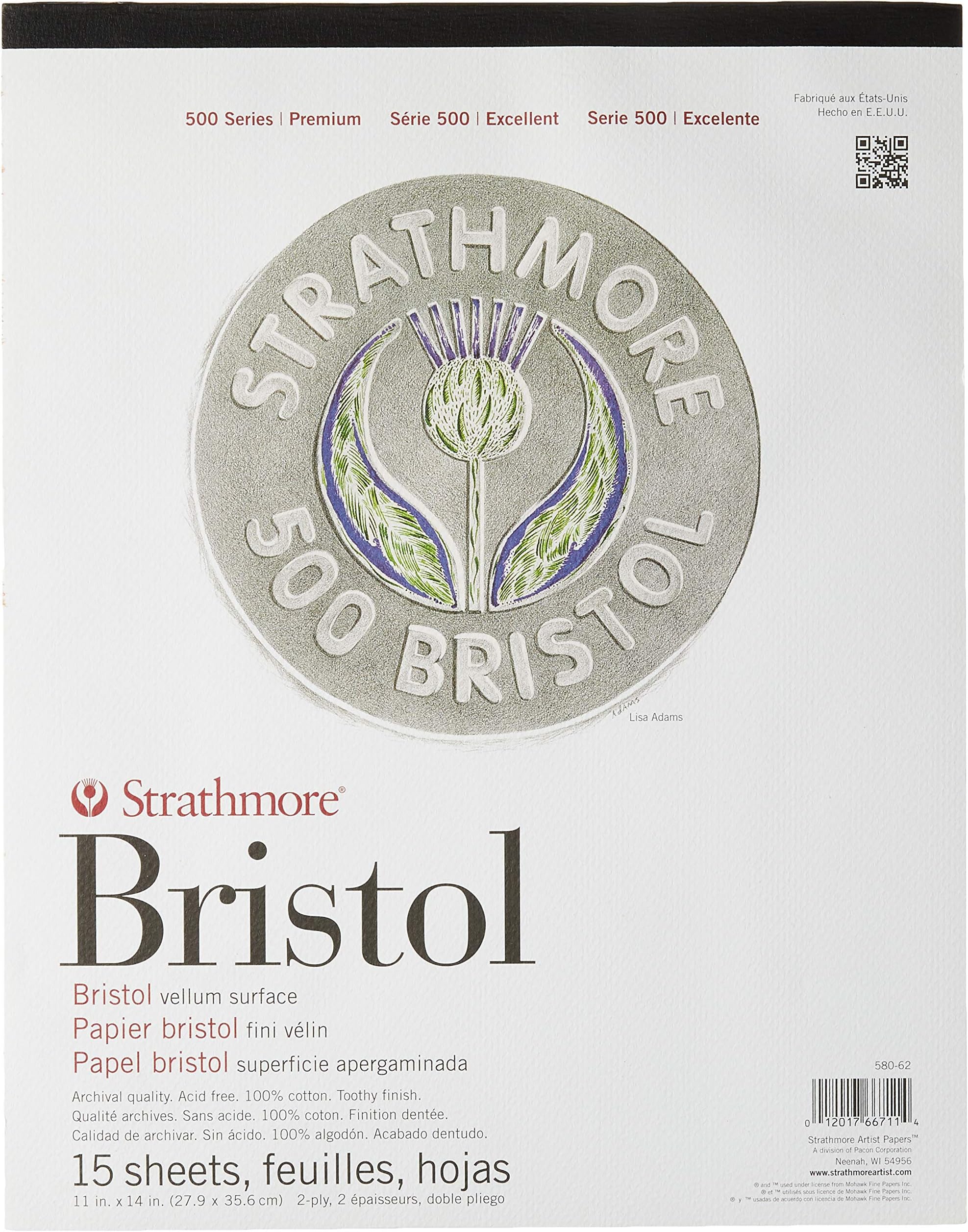 (580-62 500 Series Bristol, 2-Ply Vellum Surface, 11"x14", White, 15 Sheets