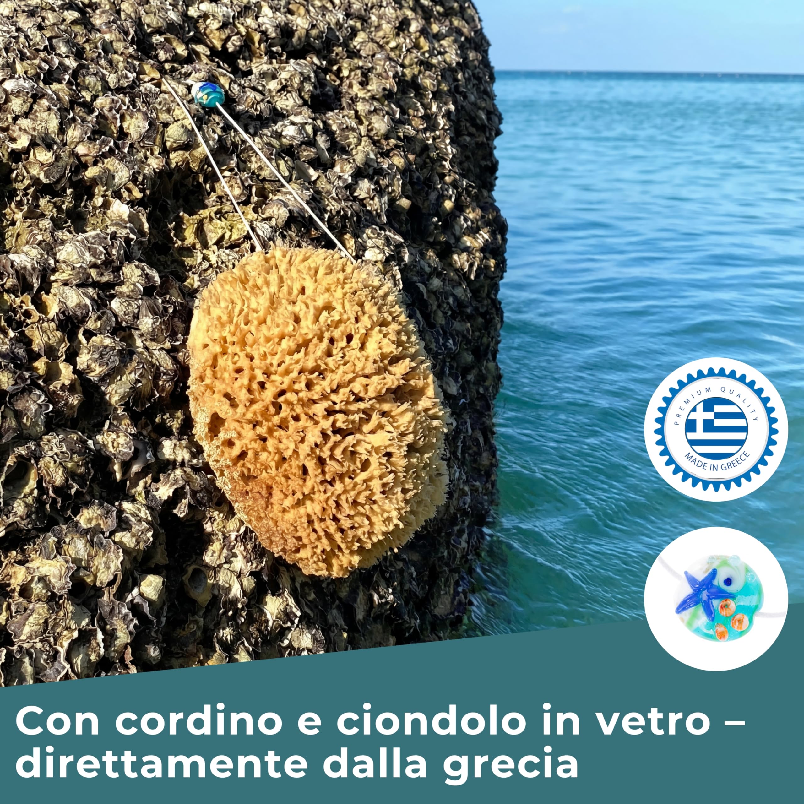 tom&pat® Spugna marina naturale • con cordino e ciondolo in vetro • Dermatest eccellente • spugna doccia per corpo e bagno • non sbiancata • qualità premium dalla Grecia (17-18 cm)