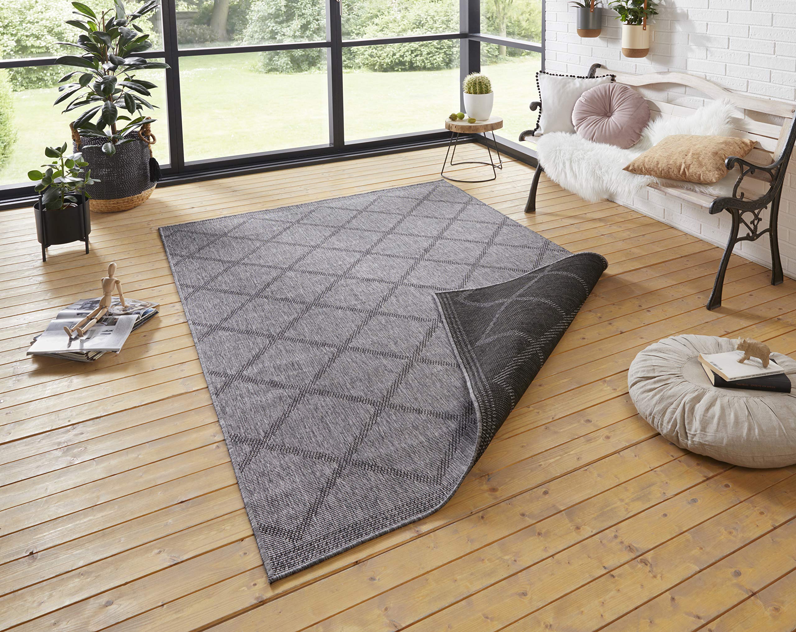 NORTHRUGS Corsica Indoor and Outdoor Rug 160 x 230 cm - Reversible Rug Weatherproof Modern Geometric Pattern Runner for Balcony Patio Garden Conservatory Living Room Rug Waterproof Black Anthracite