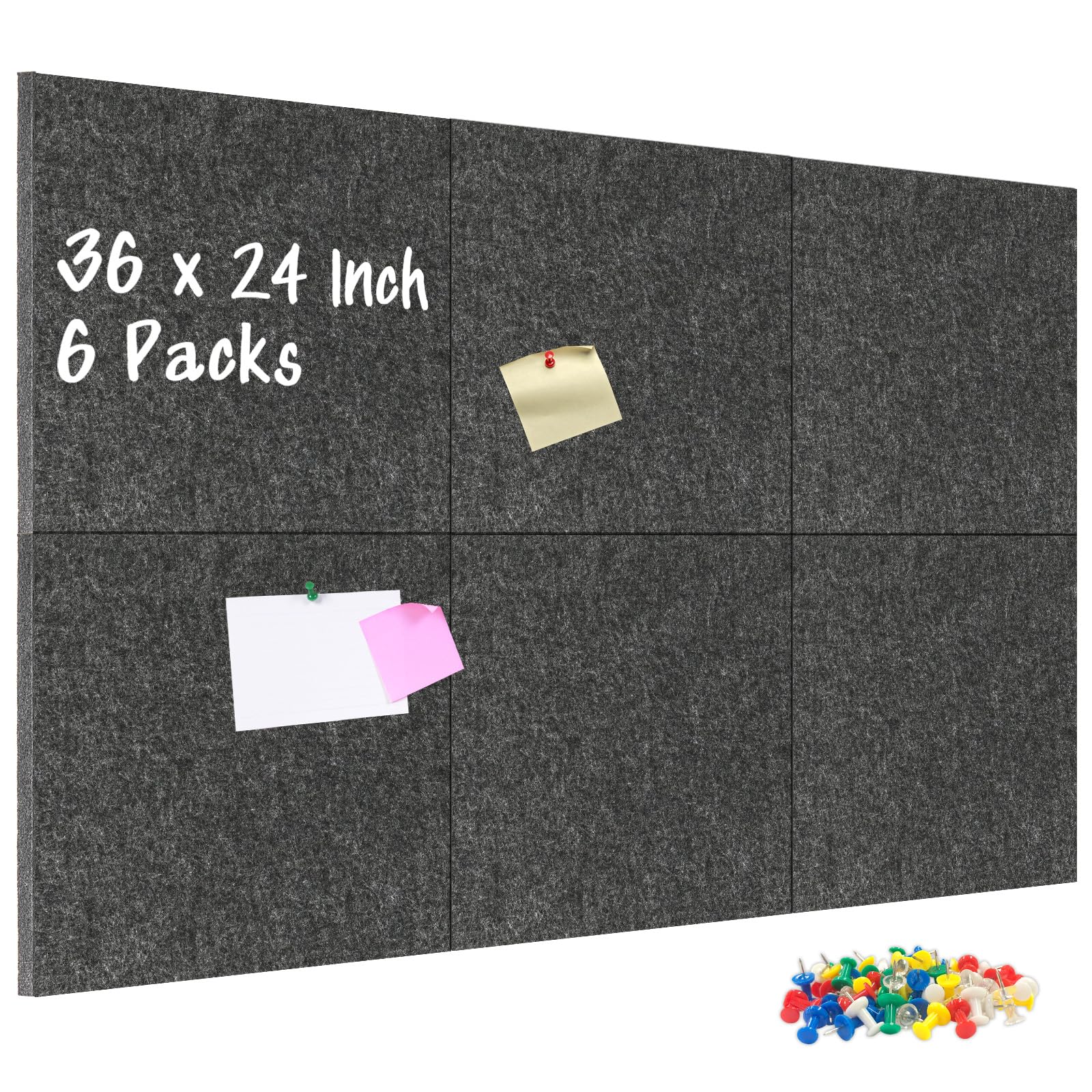 DOLLAR BOSS Felt Cork Board Tiles, 6 Packs 12" x 12" 1/2" Thick Cork Bulletin Board Self Adhesive Corkboards for Walls with 60 Pushpins for Home