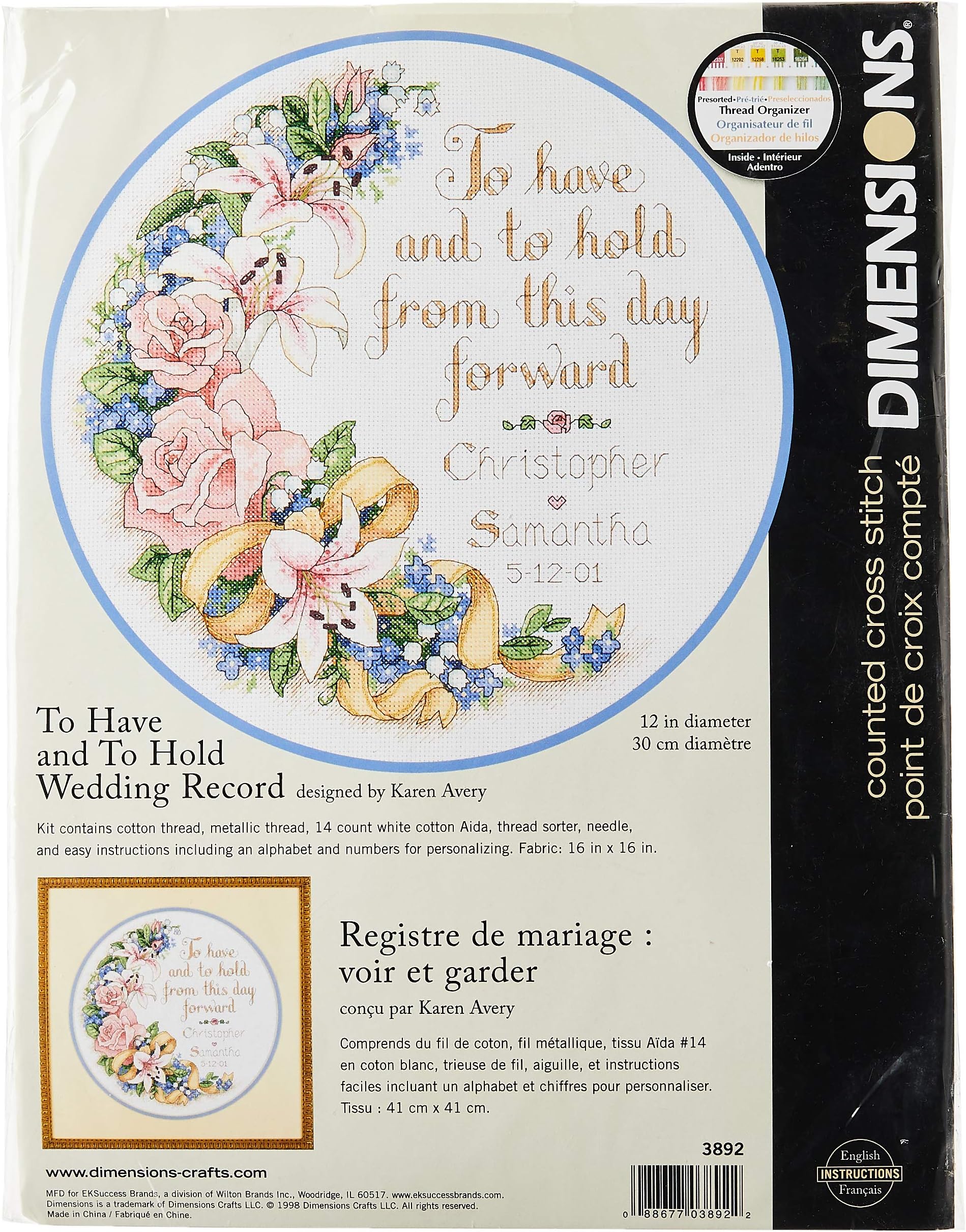 Inkadinkado Dimensions Counted Cross Stitch Kit Floral 'To Have and To Hold' Wedding Record , 14 Count White Aida, 12'' D