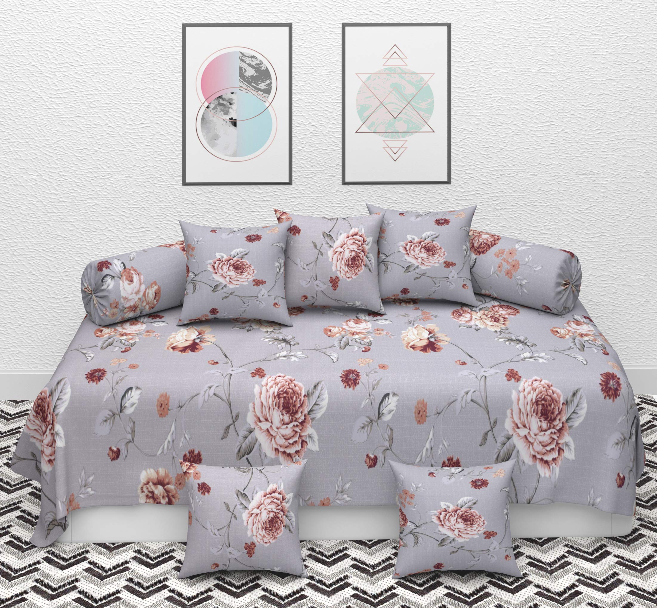 Glace Cotton Printed diwan Set with 1 Single Bedsheet 5 Cushions and 2 Bolster (Red Flower)-picture-29