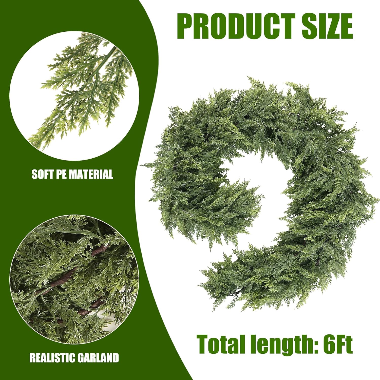 Sggvecsy 6Ft Christmas Cedar Garland Real Touch Artificial Pine Cypress Realistic Greenery Garland for Table Wall Mantle Indoor Fireplace Home Holiday Winter Xmas Decoration (2 Pack)