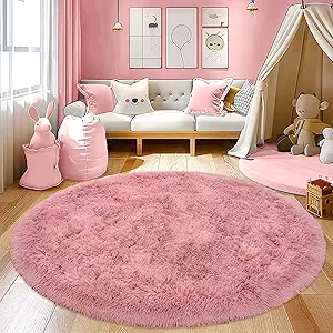 Round Fluffy Carpet 6FT Blush - Super Soft Circle Rug for Kids Room - Shaggy Circular Rug for Nursery