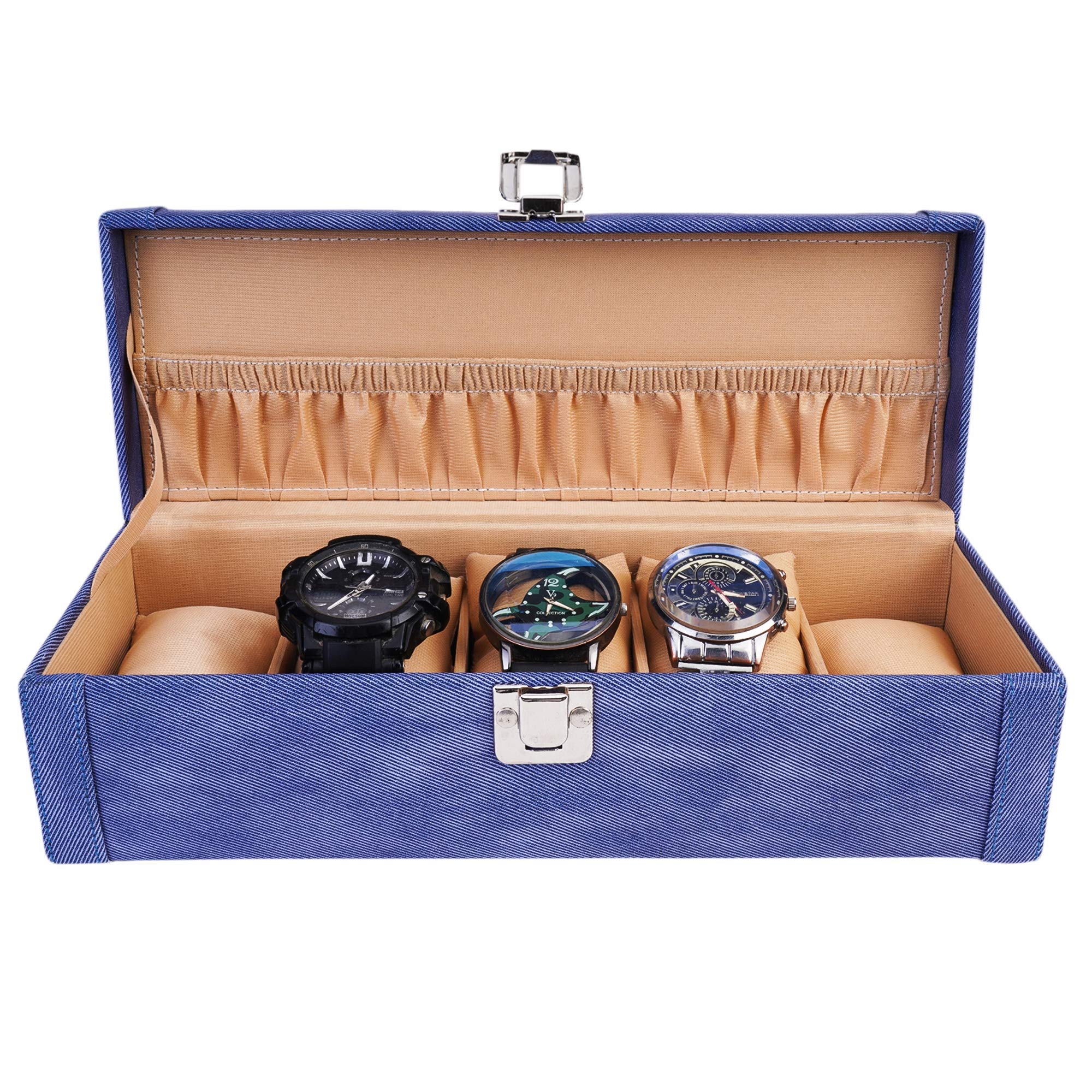 LEDO Men's and Women's Faux Leather Watch Case/Box with 5 Slots of Watches (Blue)