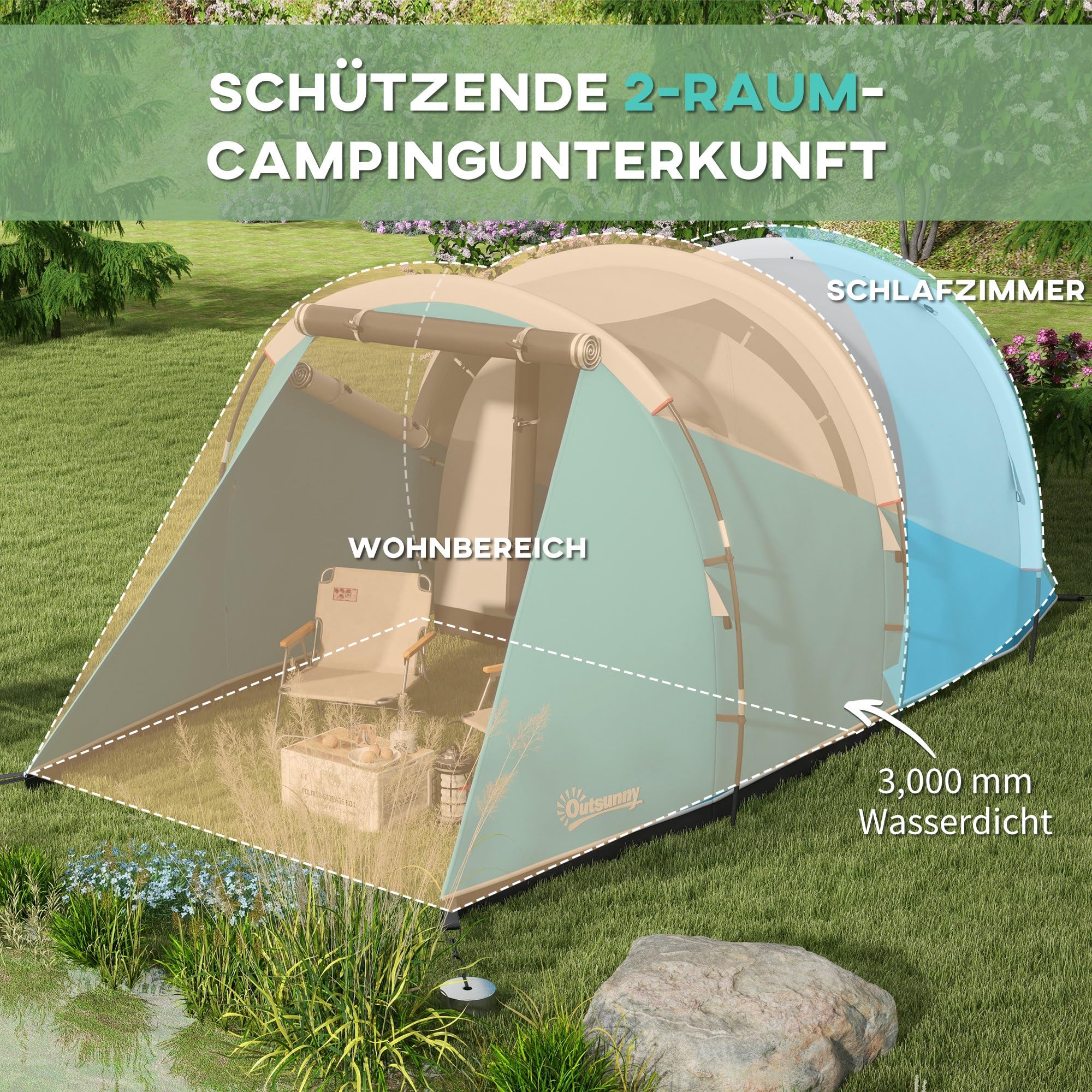 Outsunny Tunnelzelt für 3 Personen 3000mm Wasserabweisend Campingzelt Blau