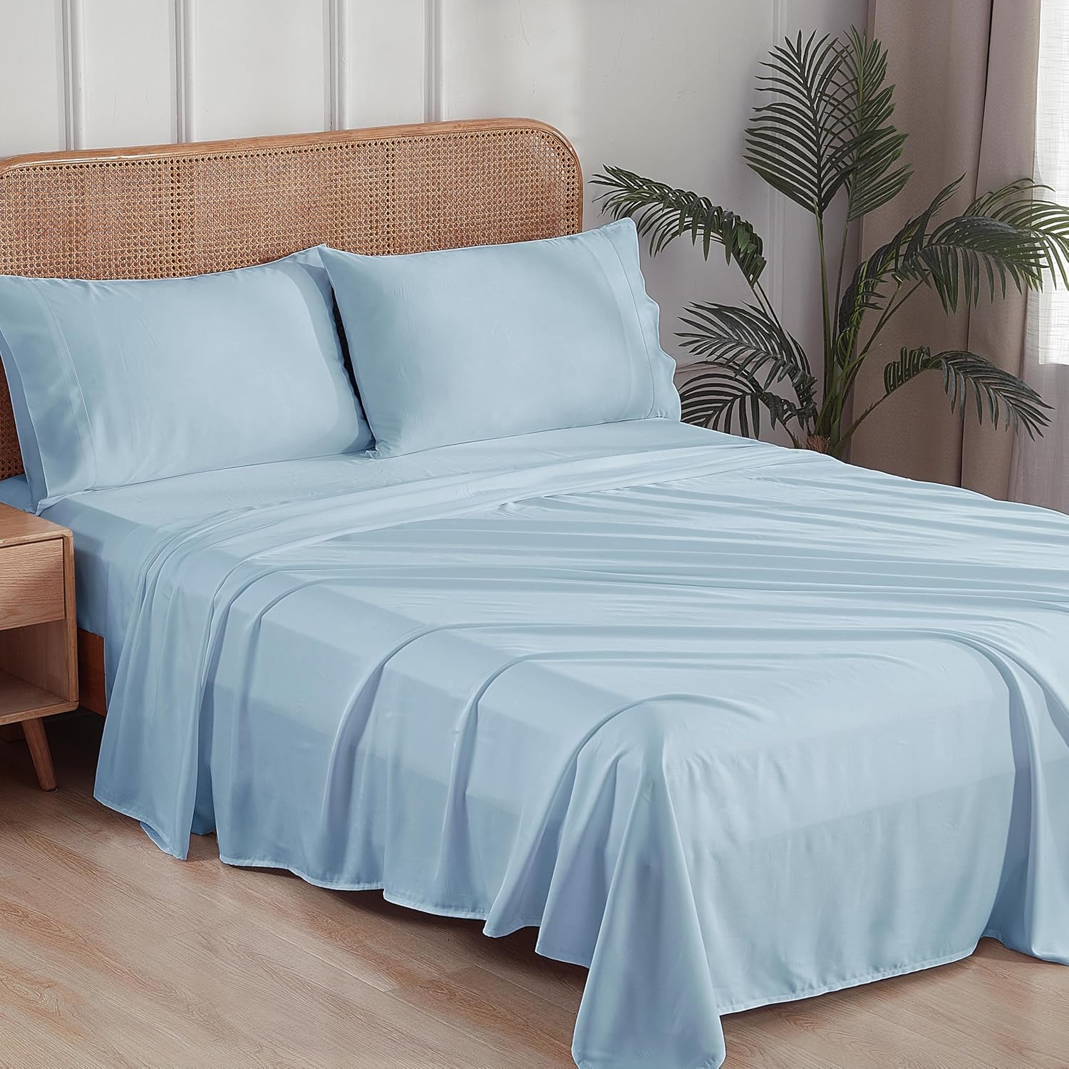 Zaizaihome 100% Bamboo Viscose Queen Sheet Set, 400 Thread Count, Cooling Sheets for Hot Sleepers, 16" Deep Pocket, Ultra Soft Breathable & Hotel Luxury Silky Bed Sheets, 4 Pieces, Queen, Sky Blue
