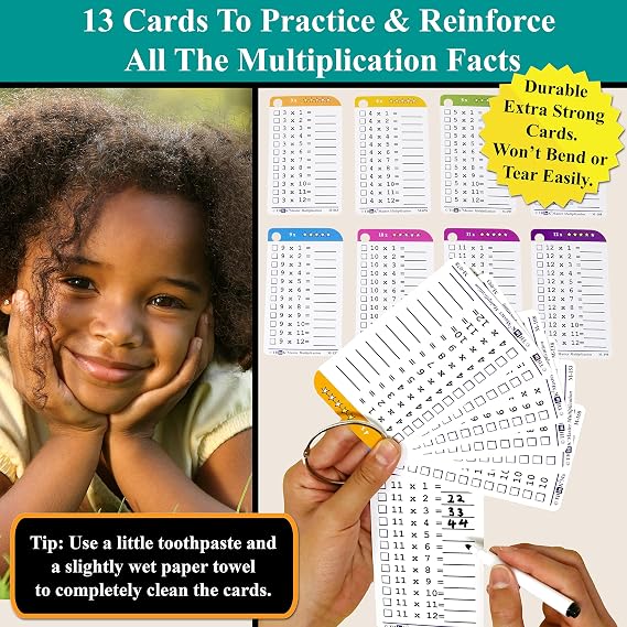 Think2Master Multiplication Flash Cards. 215 Laminated Premium Flashcards (All 0-12 X Facts)| Learn More| Bonus: 2 Dry Erase Markers & 5 Rings. | Designed By A Teacher to Improve Test Scores
