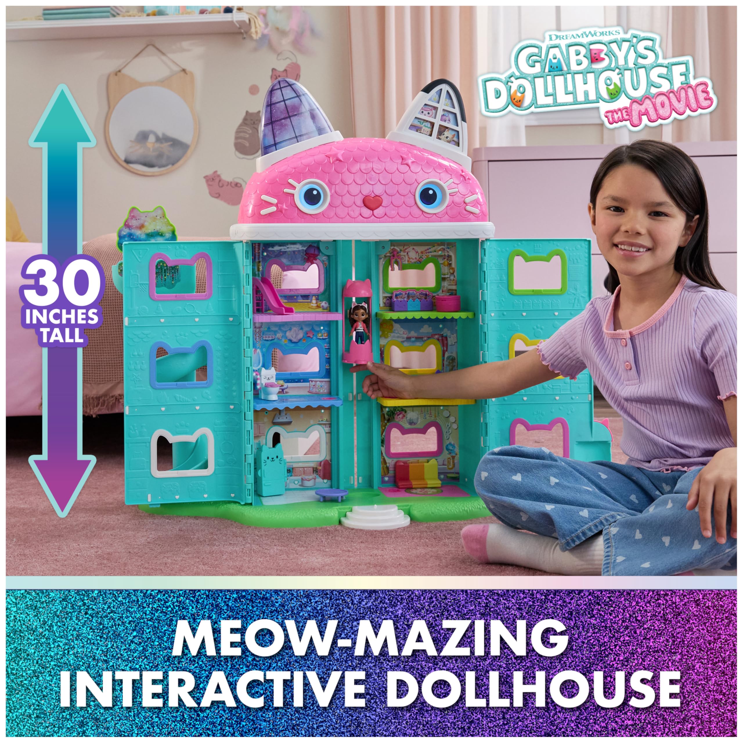 DREAMWORKS GABBY'S DOLLHOUSE Gabby's Dollhouse: The Movie, Meow-Mazing Interactive Dollhouse, 7 Rooms, LCD Screen Eyes, Figures, Sound FX, Kids Toys for Girls & Boys Ages 3 and Up in use