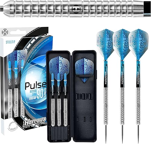 Harrows Pulse 90% Tungsten Steel Tip Darts Set 21g, 22g, 23g, 24g, 25g & 26g - Includes Recessed Curve Grip, Aqua Supergrip Fusion Shafts, Prime