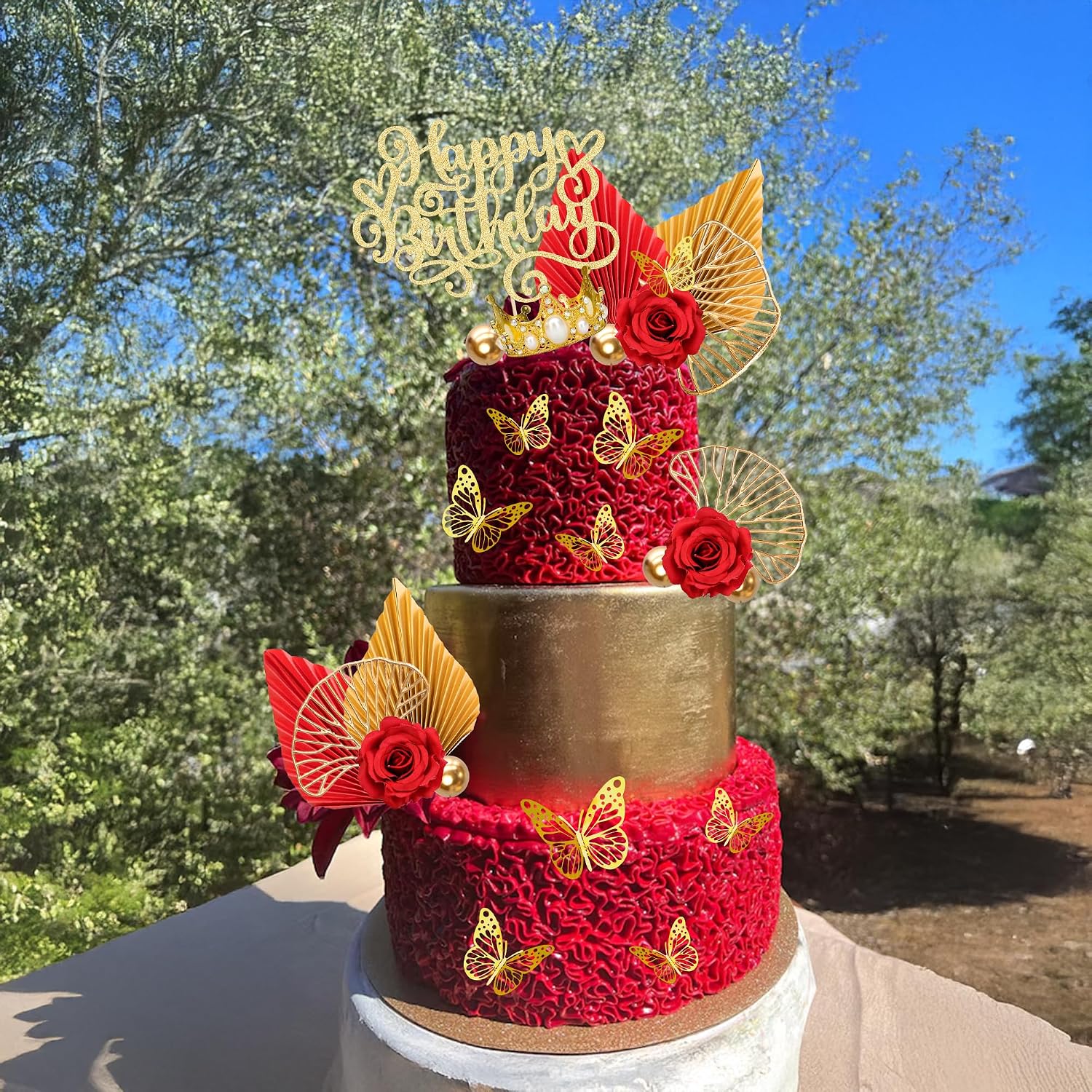 Ephlyn Rose Happy Birthday Cake Topper Decorations Butterfly Crown Palm Leaf Foam Ball Cupcake Picks for Valentine's Day Birthday Wedding Party DIY Cake Decorations Supplies Red Gold