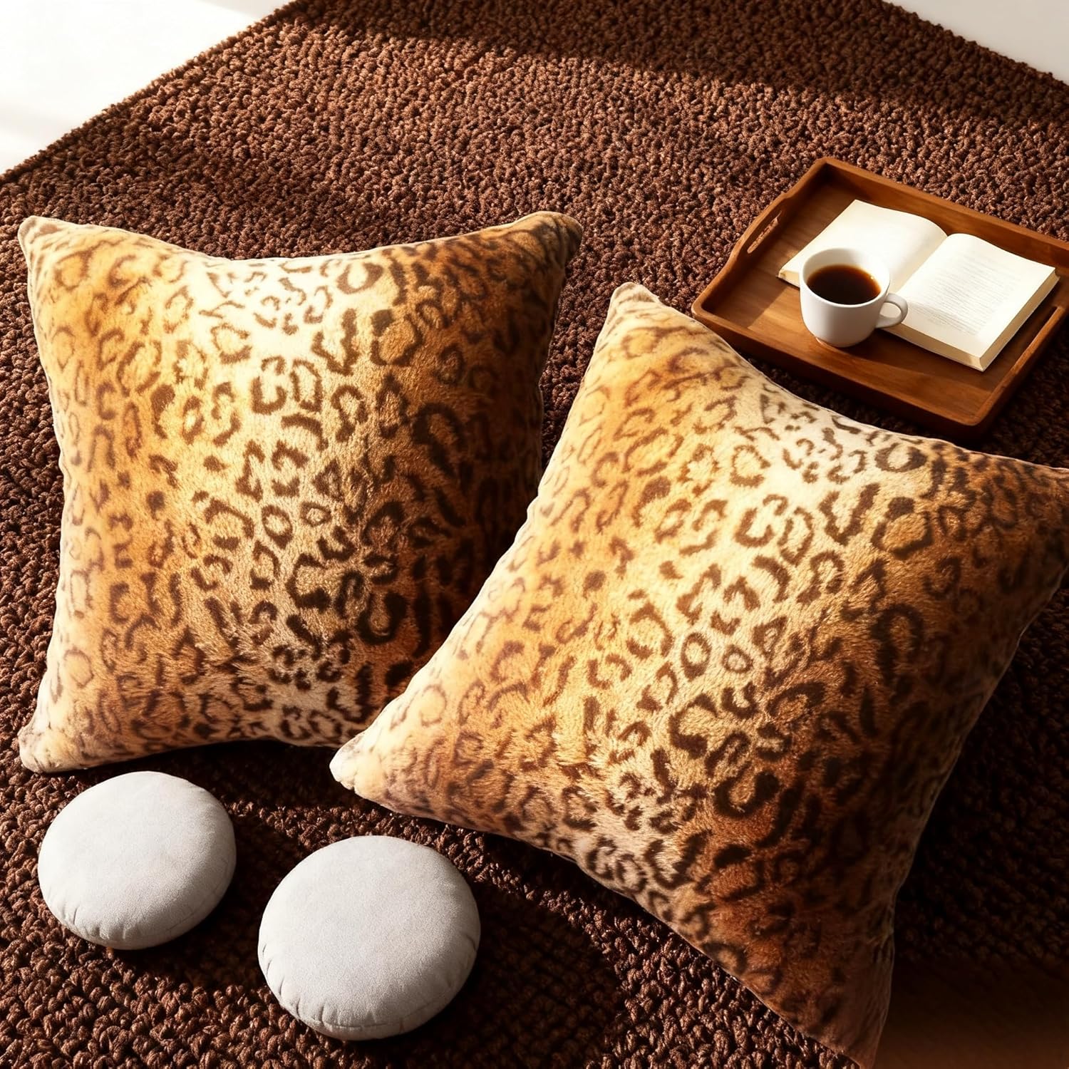 Faux Fur Throw Pillows, Set of 2 Decorative Square Couch Pillow Covers, Leopard Cheetah Print Luxury Soft Plush Animal Pillowcase for Sofa, Bedroom Living Room Decor, 18x18, Brown