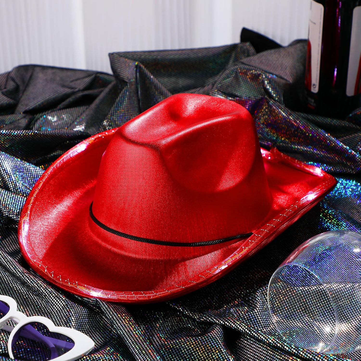 Kigeli 10 Pcs Lights LED Cowboy Cowgirl Hat LED Flashing Hat Cowgirl Hat for Western Cowboy Role Play(Silver,Sequin) - Image 6