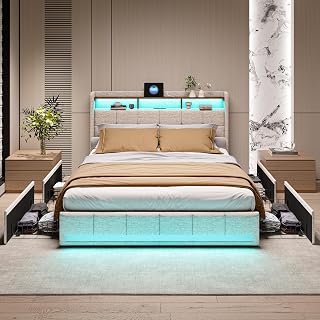 BLSYHDH - Cama con maletero de 140 x 200 cm con LED, cama acolchada con baúl doble con LED y 4 cajones de cama con cabecero de cama y somier de láminas (Beige+Lin, 140 x 200)