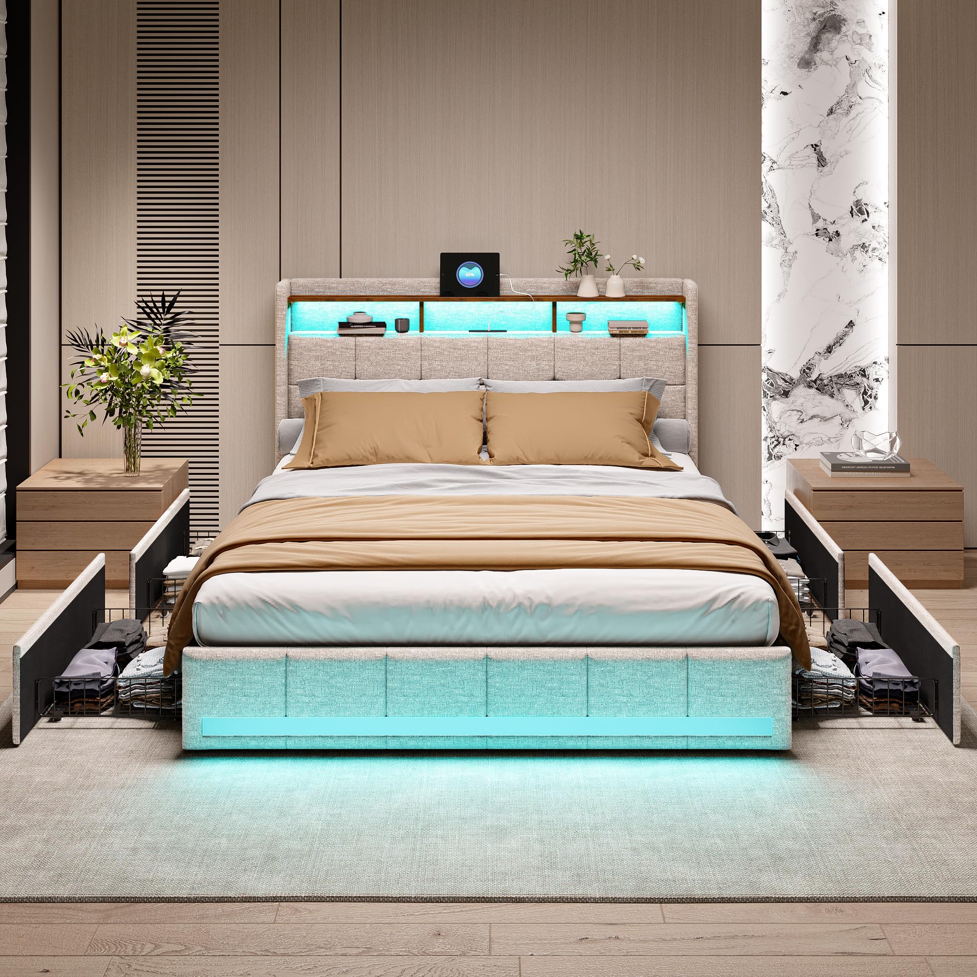Lit Capitonné Double 140x190 Cm Avec Tiroirs Et LEDs - Tête De Lit Rangement + Ports USB - Beige
