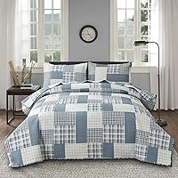 Ycosy King Size Blue White Plaid Quilt Set - Reversible Lightweight Patchwork Bedspread with 2 Pillow Shams for Boys Bedroom