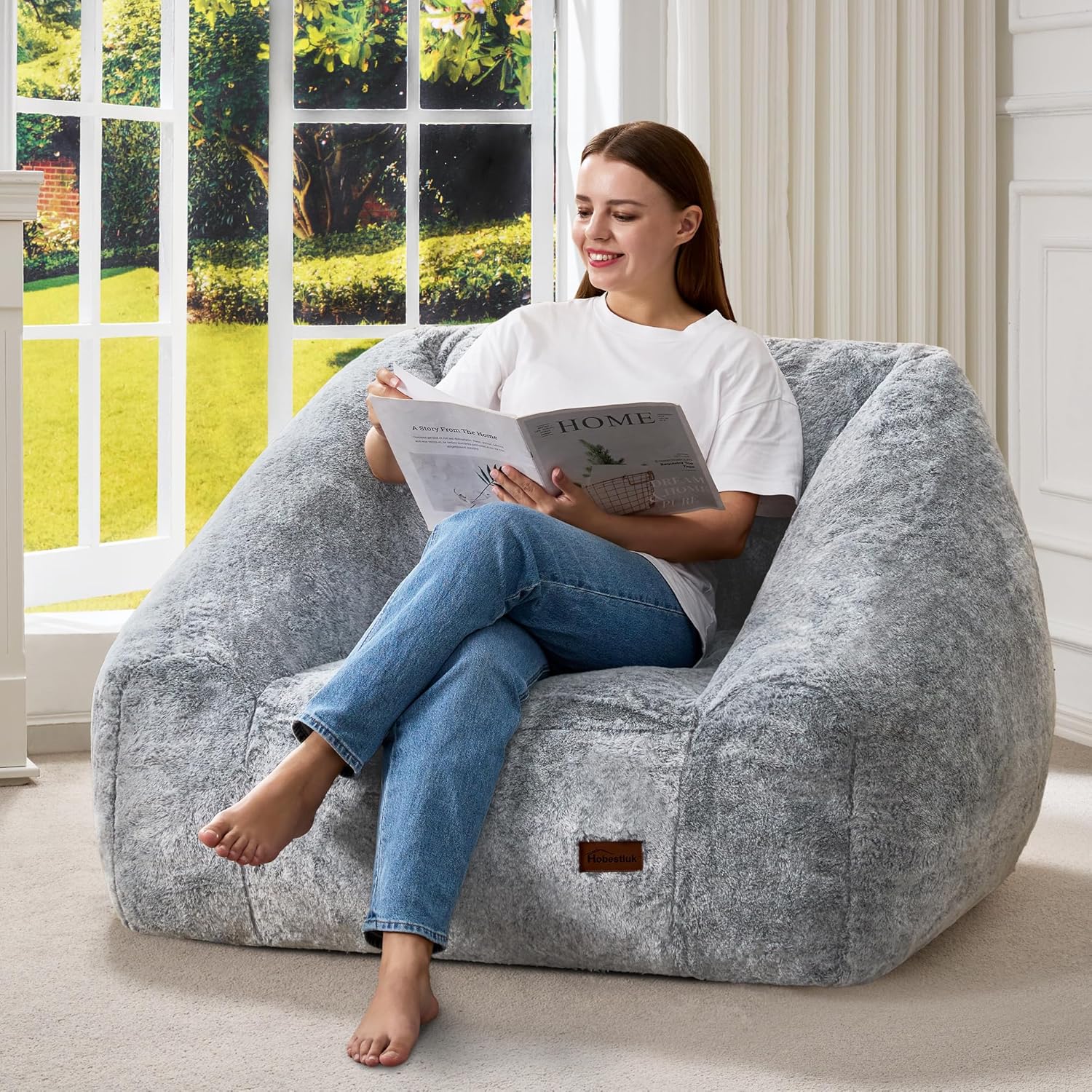 Hobestluk Oversized Bean Bag Chair for Adults with Filler, Large Cozy Reading Chair, Comfortable Lounge Chair for Living Room and Bedroom (Grey Two-Tone)