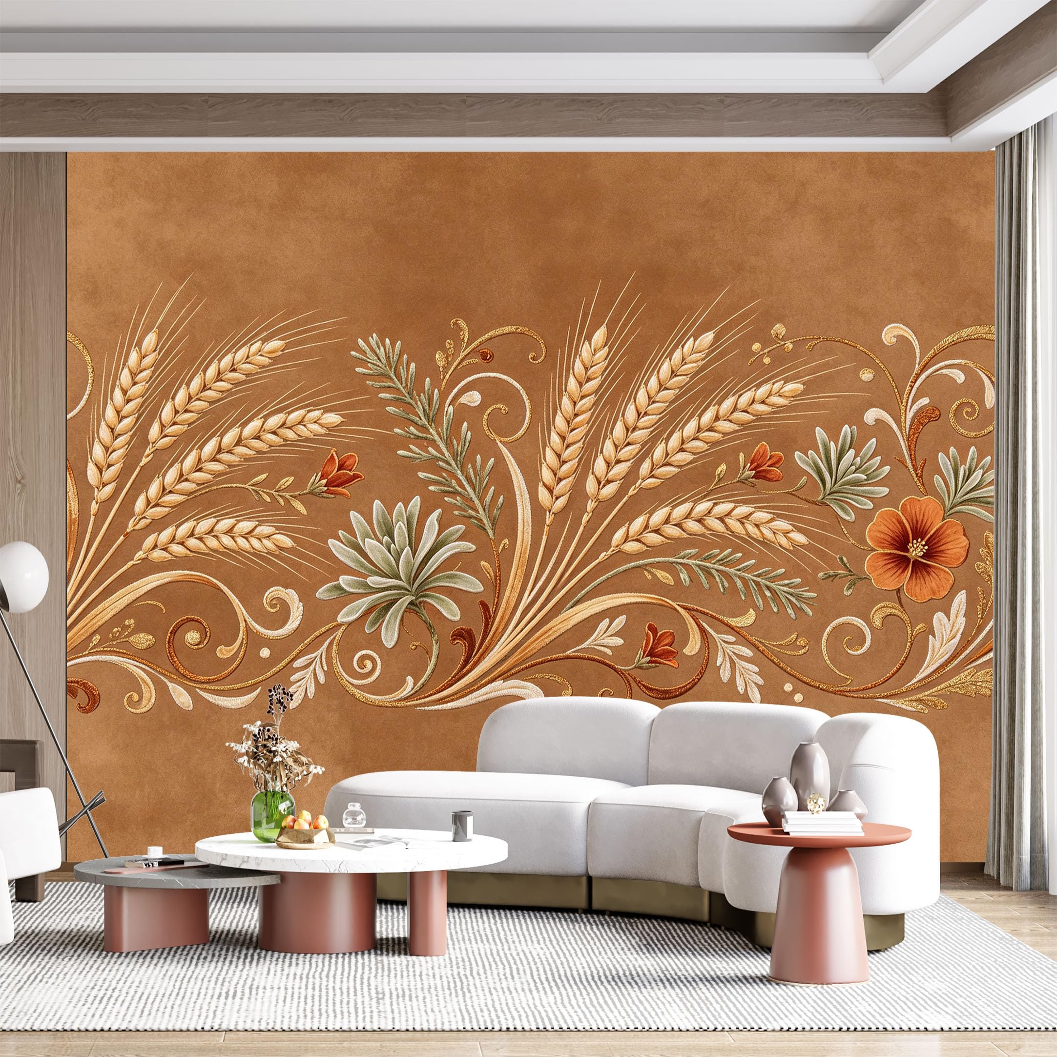 Custom Size Wall Mural Wheat Floral Botanical Embossed Embroidery Style SelfAdhesive Wall Fabric Removable for Home Office Decor