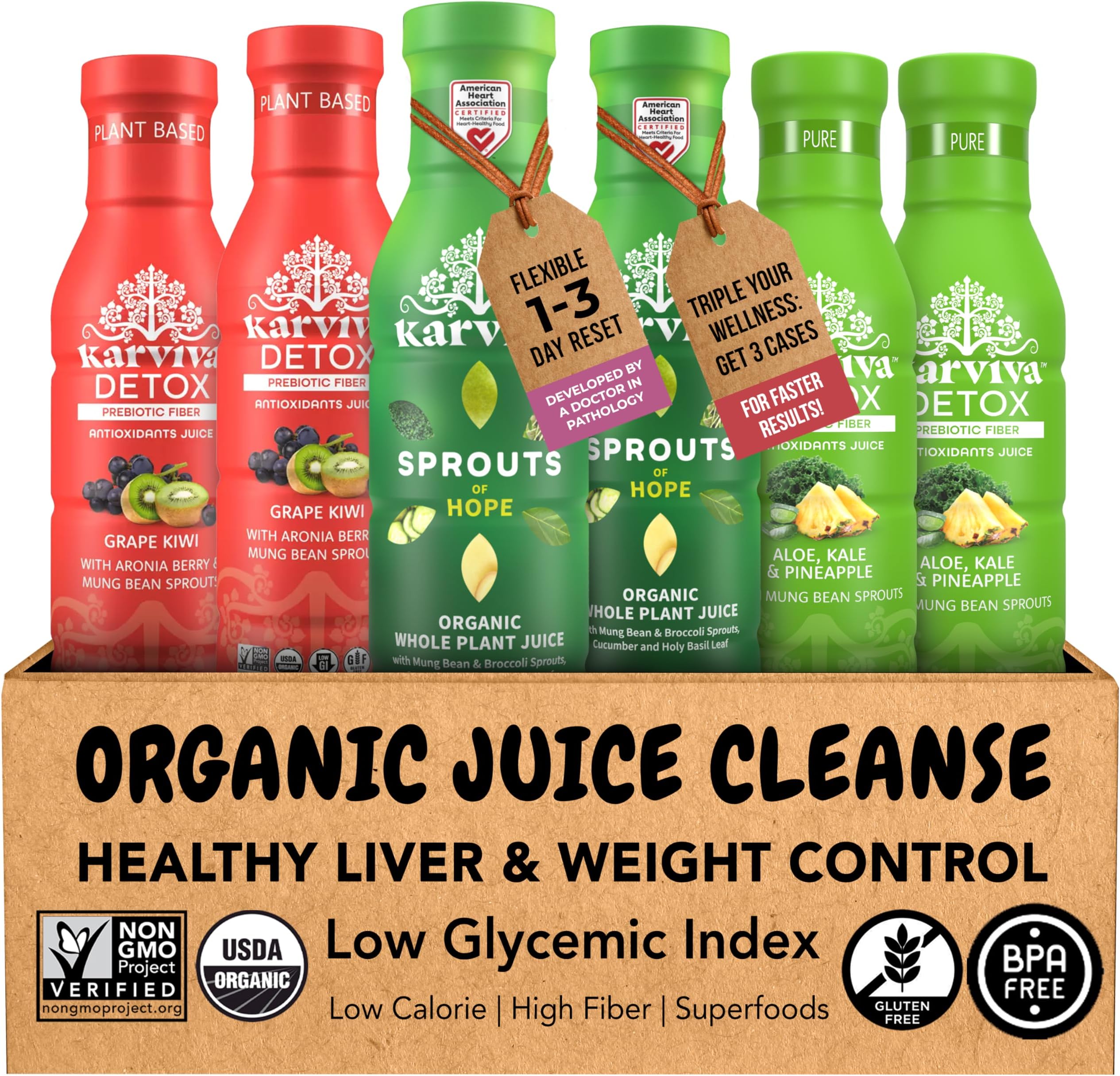 Organic Juice Cleanse for Sugar Detox & Weight Control - Ancient Remedies for Healthy Digestion & Gentle Detox with Sprouts - Prebiotic Fiber, Electrolytes & Antioxidants (6 BPA-Free Bottles