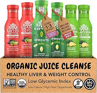 Karviva Organic Juice Cleanse for Sugar Detox & Weight Control - Ancient Eastern Remedies for Healthy Digestion & Gentle Detox with Sprouts, Aloe Vera - Prebiotic Fiber, Electrolytes & Antioxidants (6 BPA-Free Bottles, 12 fl oz Each)