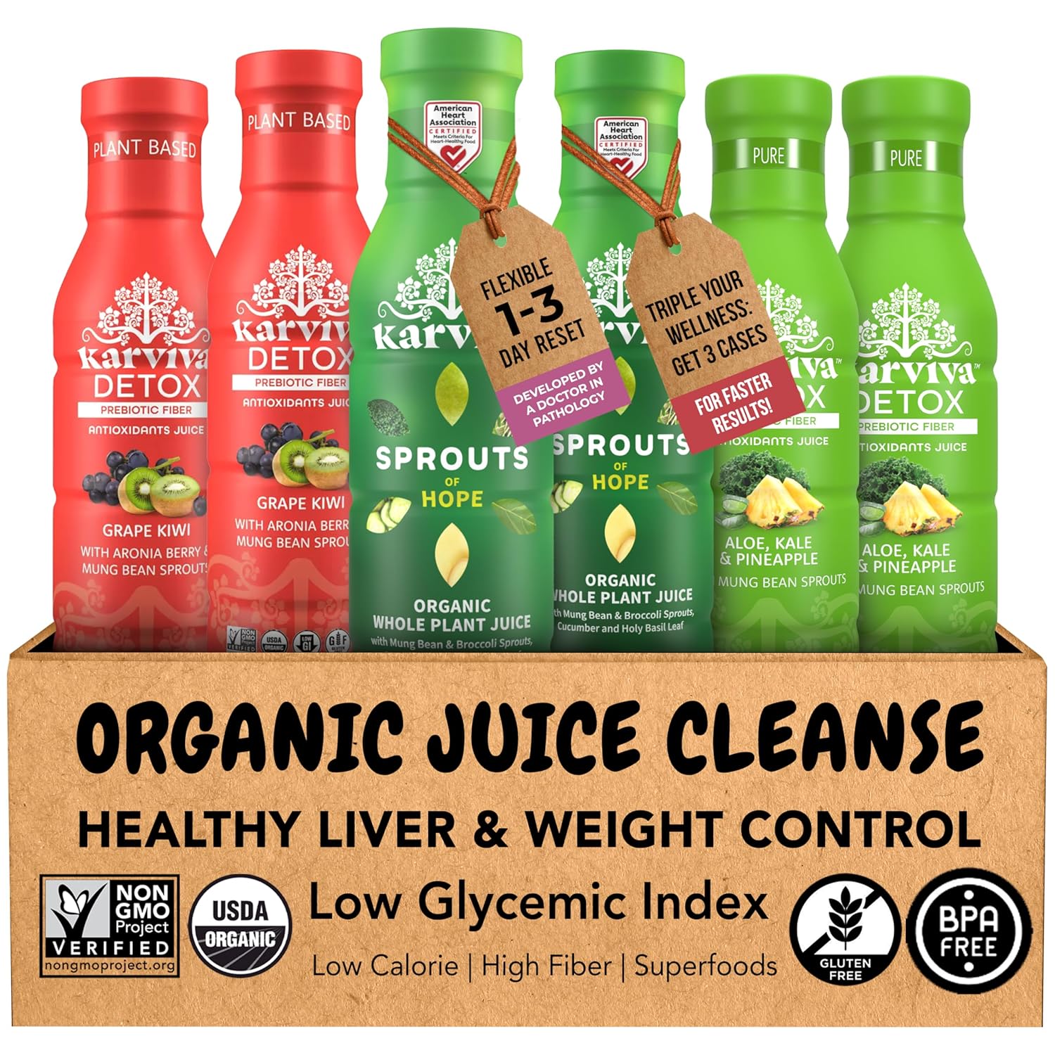 Karviva Organic Juice Cleanse for Sugar Detox & Weight Control - Ancient Eastern Remedies for Healthy Digestion & Gentle Detox with Sprouts, Aloe Vera - Prebiotic Fiber, Electrolytes & Antioxidants (6 BPA-Free Bottles, 12 fl oz Each)