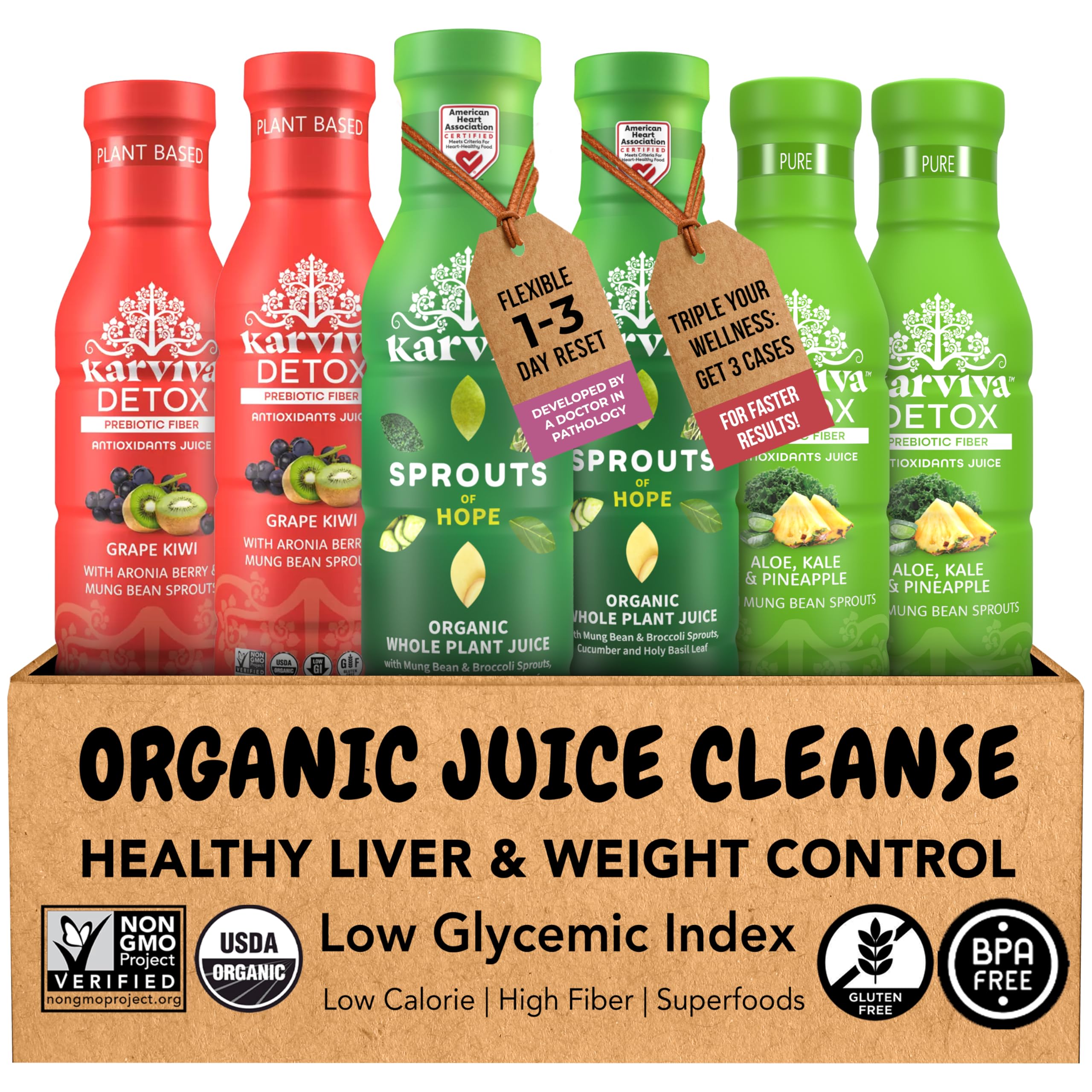 Karviva Organic Juice Cleanse for Sugar Detox & Weight Control - Ancient Remedies for Healthy Digestion & Gentle Detox with Sprouts - Prebiotic Fiber, Electrolytes & Antioxidants (6 BPA-Free Bottles, 12 fl oz Each)USDA Organic
