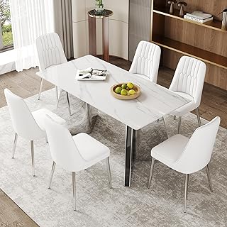 Table and Chair Set.63 x31.5x30 Luxurious Snow Mountain Patterned Sintered Stone Table with Silver Metal Butterfly Legs.Paired with 6 White Chairs with Silver Metal Legs.Modern Light Luxury. - Buy now