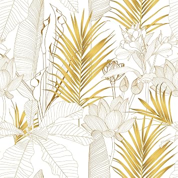 VEELIKE Boho Gold Tropical Peel and Stick Exotic Palm Leaves Lotus Floral Wallpaper for Bedroom Bathroom 17.7x118 Gold Floral Contact Paper Adhesive Vinyl