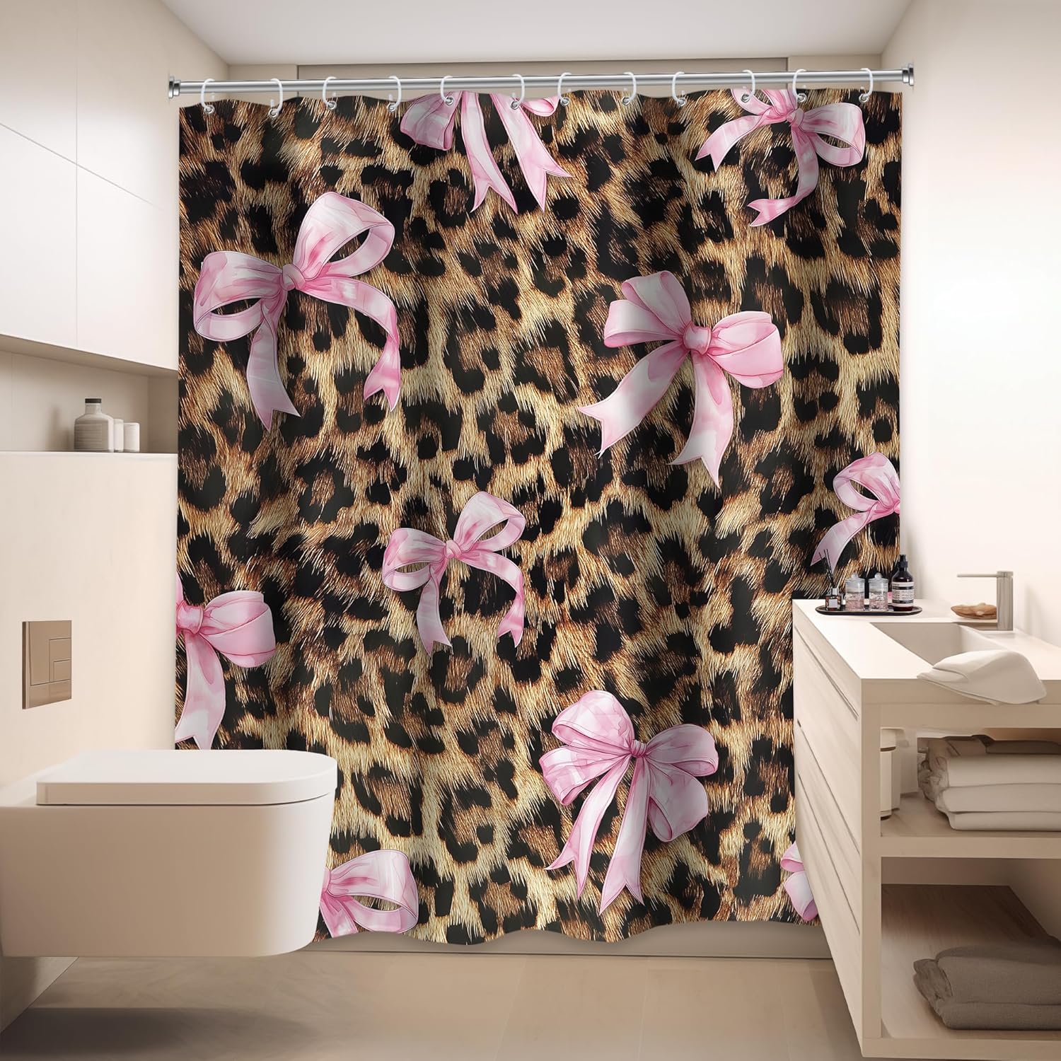 LIGHTINHOME Extra Long Pink Bow Leopard Print Shower Curtain 72Wx84H Inches Retro Brown Wild Safari Skin Girly Sweet Bownot Fashion Cloth Fabric Waterproof Polyester Bathroom Home Decor Set with Hooks