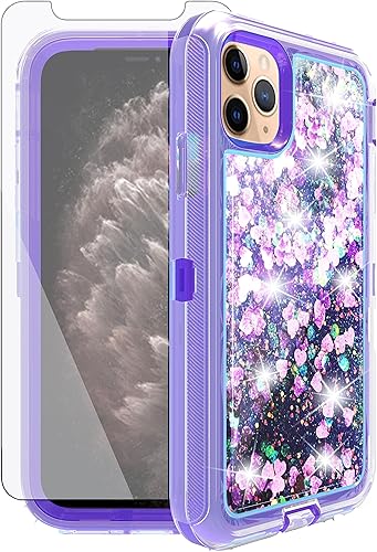 Asuwish Funda de teléfono para iPhone 11 Pro Max 6.5 con protector de pantalla con purpurina líquida transparente de silicona híbrida de grado