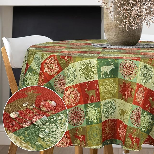 WELTRXE Round Tablecloth, 150cm Diameter, Faux Linen Digital Printing Table Cloth,Water Resistant Wipeable Polyester Table Cover,Christmas Thanksgiving Festive Outdoor Dining Decor,Checked Deer