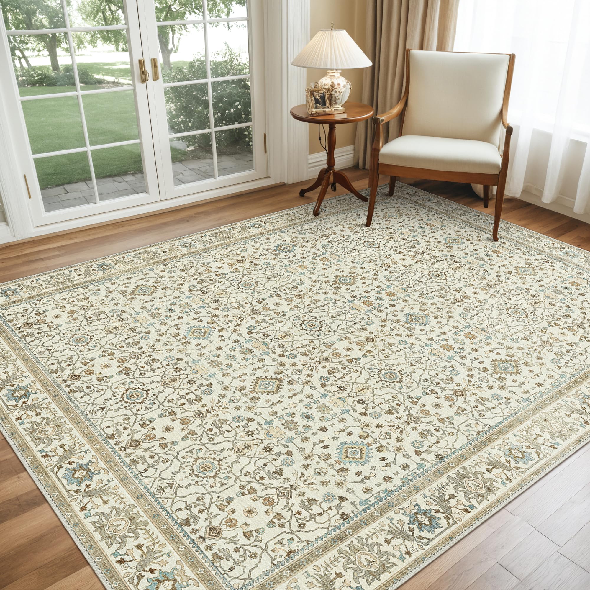 GENIMO Washable Area Rugs for Living Room Bedroom, 6x9 Boho Vintage Non Slip Rug, Low Pile Soft Floral Indoor Floor Carpet Cover for Dining Room