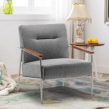 Mid Century Modern Accent Chairs, Retro Plaid Reading Chair with Wooden Armrest, Comfy Upholstered Living Room Chairs for Bedroom, Sunroom and Study Room Black