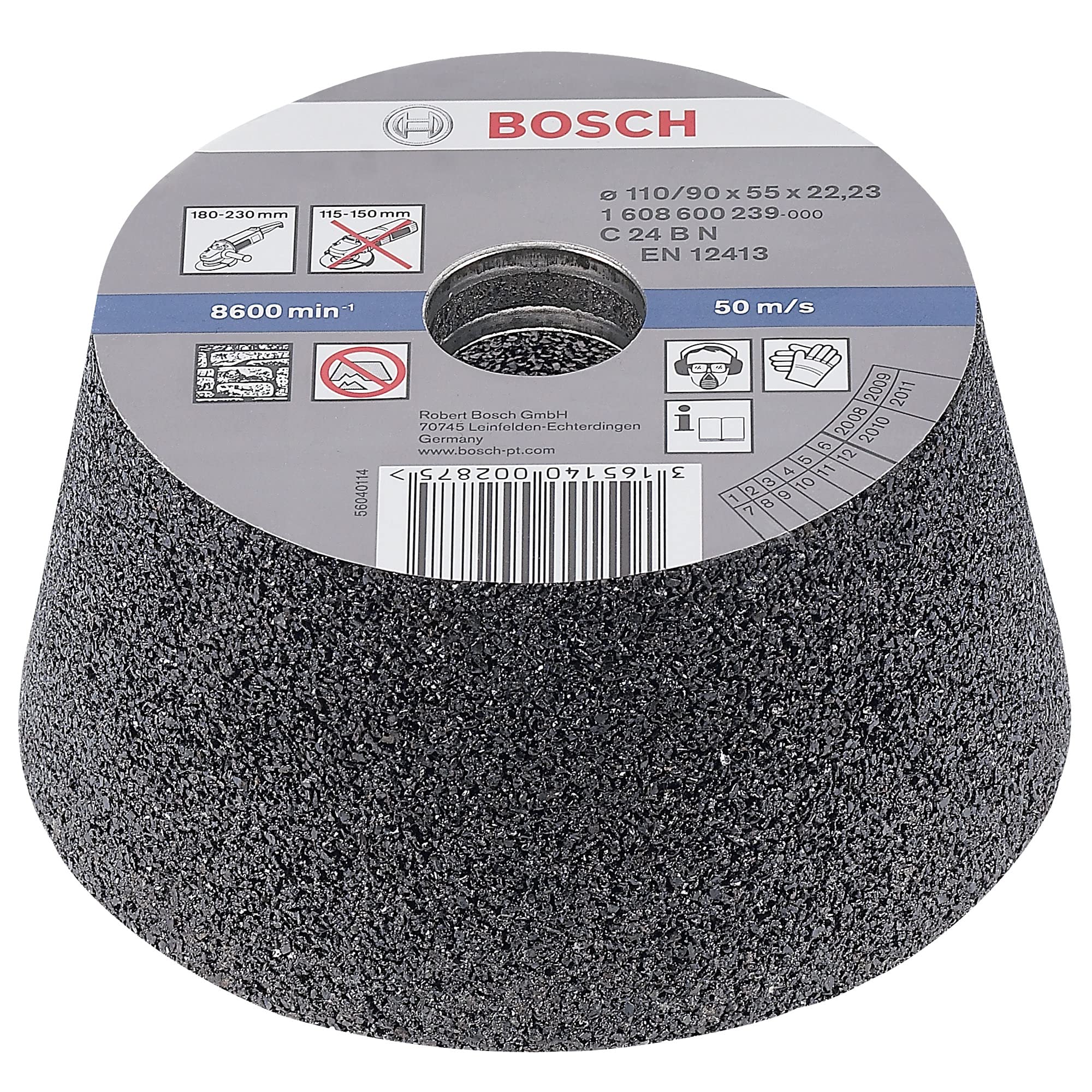 Bosch Accessories Meule Boisseau Conique pour PierrE/Béton, 24 Grain, 90mm - 110mm Diamètre, 55mm Hauteur Gris